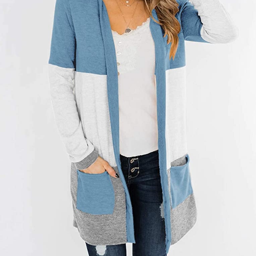 Womens Casual Open Front Cardigans Color Block Long Sleeve Loose Knit Lightweigh